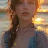 日落时海洋中的女孩，超现实肖像风格，工笔、深红色和琥珀色、眨眼就错过的细节、快照美学、辉光、泳池核心--ar 35：64 --styminster 750 --v 6
