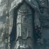 女人站在一座巨大的雕像前，以电影布景的风格，Fenghua Zhong，alessio albi，红色和灰色，cliff chiang，电影/视频，细致的技巧--ar 35：64 --styleum 750 --v6