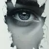 一幅超现实主义的油画，白色背景是一只眼睛透过撕破的纸窥视，上面有黑色墨水中的人脸形状，在干净的白色画布上捕捉复杂的细节和纹理，单色灰色和鲜明的对比，以在简单而引人注目的背景下突出主题，通过富有表情的面部特征和增加性格的景深来表达情感。--ar 35：64 --styminster 750