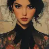 复古时尚海报，描绘了一位黑发优雅的女性，以保罗·肯顿的风格绘制，大胆的笔触和柔和的色彩，充满活力而精致，自信的目光和飘逸的服装，精致，永恒的美丽。--ar 35：64 --styminster 750