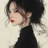 中国摄影师张静娜的水墨风格肖像，身穿黑色连衣裙，涂着红色口红，白底有着优雅的面孔。中国水墨风格的扁平、高清插图。--ar 71：129 --styminster 750