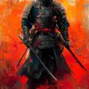 全副武装的武士，新川洋二和多米尼克·梅耶尔风格的概念艺术，色彩鲜艳，构图动态，橙色背景，具有传统日本元素，具有史诗般的冒险感。--ar 35：64 --styminster 750