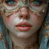 一个女人脸上戴着精致的面具，风格有vray Tracy、景泰蓝、绿松石和金色，微型雕塑，印象派威尼斯场景，现实奇幻艺术品，精致的细节--ar 35：64 --styleum 750 --v 6