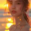 girl in the ocean on sunset, in the style of hyper-realistic portraits, gongbi, crimson and amber, blink-and-you-miss-it detail, the snapshot aesthetic, glowwave, poolcore --ar 35:64 --stylize 750 --v