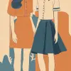 两个女孩在一起，一个穿着连衣裙，另一个穿着衬衫和裙子，1970年至今的风格，深米色和天蓝色，大胆的配色组合，hervé guibert，航海魅力，平面，minolta srt-101 --ar 23：40