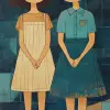 两个女孩在一起，一个穿着连衣裙，另一个穿着衬衫和裙子，1970年至今的风格，深米色和天蓝色，大胆的配色组合，hervé guibert，航海魅力，平面，minolta srt-101 --c 25 --ar 23：40