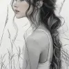 一个女人的画，视频蒙太奇风格，受自然启发的新艺术，柔焦，我不敢相信这有多漂亮，极简主义草图，曲线，自由的笔触--ar 73：128 --styminster 750