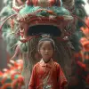 一个中国男孩站在农历新年龙面前，数字绘画风格，错综复杂的服装，维多利亚风格的插图，daz 3d，欢乐的混乱，浅红色和绿色，传统服装--ar 73：121 --styminster 750 --v 6