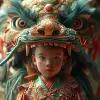 一个中国男孩站在农历新年龙面前，数字绘画风格，错综复杂的服装，维多利亚风格的插图，daz 3d，欢乐的混乱，浅红色和绿色，传统服装--ar 73：121 --styminster 750 --v 6