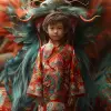 一个中国男孩站在农历新年龙面前，数字绘画风格，错综复杂的服装，维多利亚风格的插图，daz 3d，欢乐的混乱，浅红色和绿色，传统服装--ar 73：121 --styminster 750 --v 6