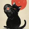 复古日本明信片，采用三浦隆太郎风格，一只黑猫爪子拿着黑胶唱片，白色背景上有浅米色和红色等复古色彩，非常详细的艺术品。--ar 75：118