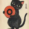 复古日本明信片，采用三浦隆太郎风格，一只黑猫爪子拿着黑胶唱片，白色背景上有浅米色和红色等复古色彩，非常详细的艺术品。--ar 75：118