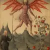 中世纪的照明艺术，讲述了魔鬼和他长着大翅膀的人类无面伙伴，他们战斗，而人们则在远处观看--v 5.2 --ar 55：89