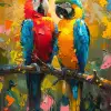 一幅色彩缤纷的画作，描绘两只鹦鹉坐在树枝上，风格为marcin sobas，32 k uhd，动物与人，油画家，强烈的光与影，ferrania p30 --ar 36：55 --styleston 750 --v 6