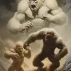 一只白色大猩猩以弗兰克·弗雷泽塔（Frank Frazetta）的风格和鲍里斯·瓦列霍（Boris Vallejo）的风格与三头狮子战斗，奇幻艺术封面。--v 5.2 --ar 21：32