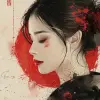 黑白kimochiki插图的女人，极简主义美风格，红色和琥珀色，笔触精湛，时尚插图，眨眼而想念的细节，宁静的面孔，亚洲风格的--ar 36：55 --styleston 750 --v 6