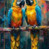 一幅色彩缤纷的画作，描绘两只鹦鹉坐在树枝上，风格为marcin sobas，32 k uhd，动物与人，油画家，强烈的光与影，ferrania p30 --ar 36：55 --styleston 750 --v 6
