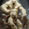 一只白色大猩猩以弗兰克·弗雷泽塔（Frank Frazetta）的风格和鲍里斯·瓦列霍（Boris Vallejo）的风格与三头狮子战斗，奇幻艺术封面。--v 5.2 --ar 21：32