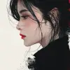 woman in black and white kimochiki illustration, in the style of minimalist beauty, red and amber, brushwork mastery, fashion illustrations, blink-and-you-miss-it detail, serene faces, asian-inspired 