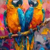一幅色彩缤纷的画作，描绘两只鹦鹉坐在树枝上，风格为marcin sobas，32 k uhd，动物与人，油画家，强烈的光与影，ferrania p30 --ar 36：55 --styleston 750 --v 6