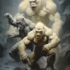 一只白色大猩猩以弗兰克·弗雷泽塔（Frank Frazetta）的风格和鲍里斯·瓦列霍（Boris Vallejo）的风格与三头狮子战斗，奇幻艺术封面。--v 5.2 --ar 21：32