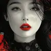 黑白kimochiki插图的女人，极简主义美风格，红色和琥珀色，笔触精湛，时尚插图，眨眼而想念的细节，宁静的面孔，亚洲风格的--ar 36：55 --styleston 750 --v 6