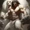 一只白色大猩猩以弗兰克·弗雷泽塔（Frank Frazetta）的风格和鲍里斯·瓦列霍（Boris Vallejo）的风格与三头狮子战斗，奇幻艺术封面。--v 5.2 --ar 21：32
