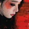 黑白kimochiki插图的女人，极简主义美风格，红色和琥珀色，笔触精湛，时尚插图，眨眼而想念的细节，宁静的面孔，亚洲风格的--ar 36：55 --styleston 750 --v 6