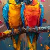 一幅色彩缤纷的画作，描绘两只鹦鹉坐在树枝上，风格为marcin sobas，32 k uhd，动物与人，油画家，强烈的光与影，ferrania p30 --ar 36：55 --styleston 750 --v 6