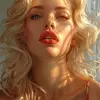 玛丽莲·梦露（Marilyn Monroe）波普艺术版画我喜欢80年代，淡白色和淡琥珀色风格，史蒂夫·萨克（Steve Sack），特写，斯坦·李（Stan Lee），性别弯曲肖像学，漫画艺术，1940年代-1950年代--ar 24：37 --styleum 750 --v 6