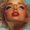 玛丽莲·梦露（Marilyn Monroe）波普艺术版画我喜欢80年代，淡白色和淡琥珀色风格，史蒂夫·萨克（Steve Sack），特写，斯坦·李（Stan Lee），性别弯曲肖像学，漫画艺术，1940年代-1950年代--ar 24：37 --styleum 750 --v 6