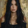a woman with long black hair in a gold painting, in the style of charlie bowater, dark blue and dark black, michael garmash, comic art, realistic color palette, dark black and beige, soft-focused real
