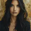 a woman with long black hair in a gold painting, in the style of charlie bowater, dark blue and dark black, michael garmash, comic art, realistic color palette, dark black and beige, soft-focused real