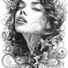 black and white illustration in the form of a woman with flowing hair, in the style of martine johanna, detailed engraving, joe madureira, john larriva, chicano art, realistic yet romantic, use of pap