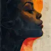 女性的简介，具有标志性民权图像风格，浅靛蓝色和深琥珀色，色彩缤纷的抽象面孔，标志性专辑封面，黑白木刻，分裂色调，亚伦·道格拉斯-ar 9：14 --styleum 750 --v 6