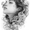 black and white illustration in the form of a woman with flowing hair, in the style of martine johanna, detailed engraving, joe madureira, john larriva, chicano art, realistic yet romantic, use of pap