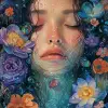 a woman with her head covered in water, in the style of art nouveau-inspired illustrations, colorful collage, intricate floral arrangements, made of crystals, susan seddon boulet, symmetrical composit