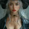a woman with white hair wearing a tight black jacket and a hat, in the style of mashup of styles, light gray and light bronze, edgy, soft-focus technique, dark white and dark cyan, soft edges, eye-cat