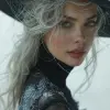 a woman with white hair wearing a tight black jacket and a hat, in the style of mashup of styles, light gray and light bronze, edgy, soft-focus technique, dark white and dark cyan, soft edges, eye-cat