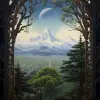 An oil painting in the style of Hildebrandt of the view from inside an ancient tree, overlooking a white elven city in the distance with mountains and forests around it. The sky is black. --v 5.2 --ar