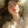 a woman with long hair laying in bed, in the style of yigal ozeri, anamorphic lens flare, bella kotak, video, close up, jagged edges, light beige and blue --ar 73:108 --stylize 750 --v 6