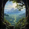 这是一幅希尔德布兰特风格的油画，从一棵古树中俯瞰远处一座白色的精灵城市，周围是山脉和森林。天空是黑色的。--v 5.2 --ar 43：64