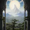 这是一幅希尔德布兰特风格的油画，从一棵古树中俯瞰远处一座白色的精灵城市，周围是山脉和森林。天空是黑色的。--v 5.2 --ar 43：64