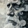 一位留着胡须的老人的头和肩膀，航海超现实主义风格，错综复杂的构图，水墨，迷幻梦境，凯尔特艺术，白色和灰色，立体派街头艺术--ar 72：107 --styleum 750 --v 6