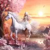 一位优雅的芭蕾舞演员骑着优雅的独角兽，在盛开的草地上，走向日落，纸质艺术，独角兽雕塑，现代和印象派艺术，空灵的背景--ar 2：3 --v 5.2 --q2