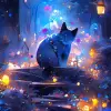 美丽的动漫猫融入充满活力的蓝色织物中，周围环绕着自然美景、霓虹灯、照片风景，Art Fitzpatrick，Chester Higgins拍摄，高角度视图，看着相机，超分辨率显微镜，宁静的森林背景：：6 --ar 2：3 --niji 5