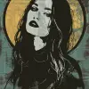 一名[白人女性]的插图，头发[一半浅黑色，一半深棕色]。[Her头发很长]。以海盗的风格。塔罗牌。背景[年份]。核心[霓虹灯]。丝网印刷文物。凌乱的线条和核心。--ar 2：3 --v6