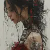 混合媒体艺术品+情感化的机器人女孩+优雅的连衣裙+作为讲故事元素的皮肤病变+超现实主义表现主义风格，柔和的配色方案，梦幻般的氛围，抽象扭曲的形式--ar 2：3 --s 999 --v 6