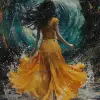 一个穿着黄色连衣裙的女孩在格子地板上跳舞，以混合媒体混乱的风格，被抹去和掩盖，tanbi kei，旋转的漩涡，充满活力的插图，绘画场景，混合媒体奇迹--ar 2：3 --styminster 750 --v 6