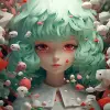 3d 32位印刷动漫，nft，Hello Kitty，几何图案，充满活力的眼睛，柔和的调色板，Gabriel Pacheco，对比度，森林绿色背景，虚幻引擎--v 5.2 --ar 2：3 --q 2